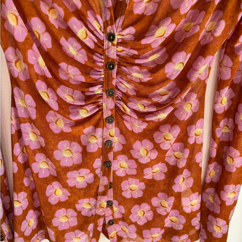 Free People Floral Ruched Blouse in Pink and Orange - Picture 4 of 8